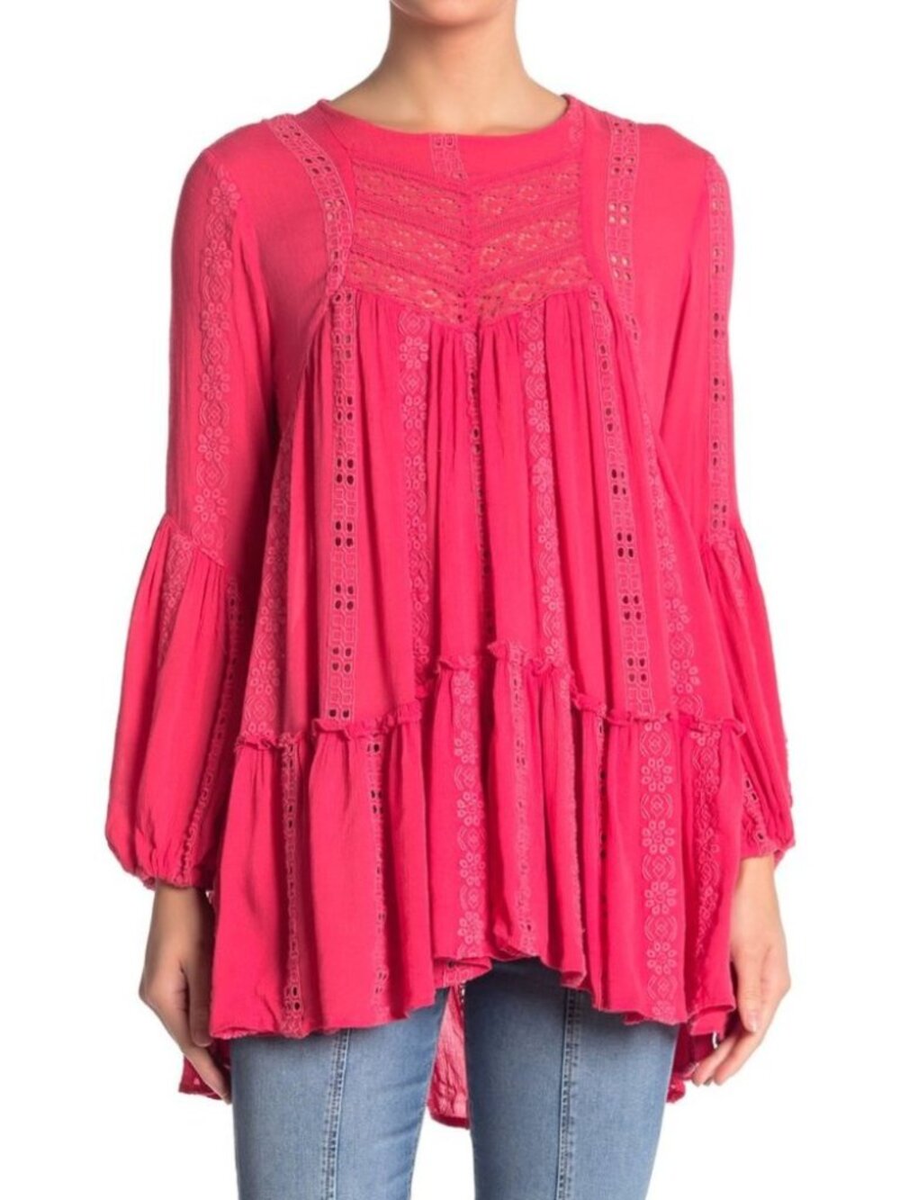 Free People Kiss Kiss Embroidered Tunic, Raspberry Pink
